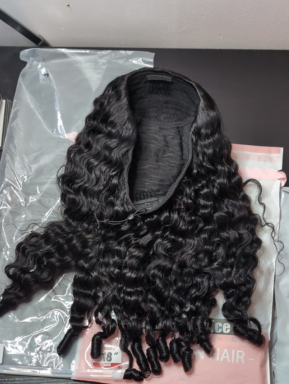 18-in Human Hair Burmese Curly Half Wig Glueless Spiral Ends Drawstring 1B 180%